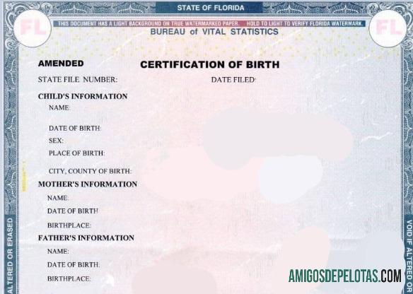 Certificação de nascimento de estatísticas vitais do Escritório do Estado dos Estados Unidos da Flórida exemplo